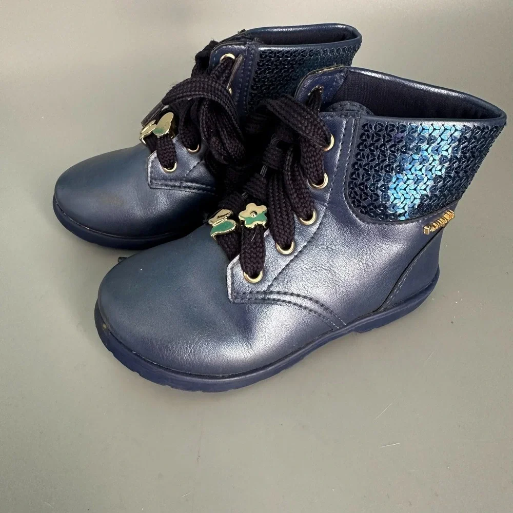 Pablosky Girls Metallic Navy‎ Blue Sequin Lace Up Ankle Boots Butterfly Charms